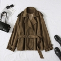Women's Faux Suede Trench Coat Double Breasted Belted Lapel Autumn Jacket Commuter British Style Solid Color Fashion Windbreaker Outerwear