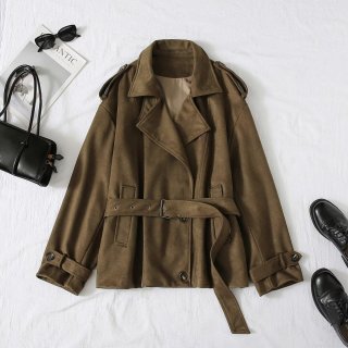 Women's Faux Suede Trench Coat Double Breasted Belted Lapel Autumn Jacket Commuter British Style Solid Color Fashion Windbreaker Outerwear