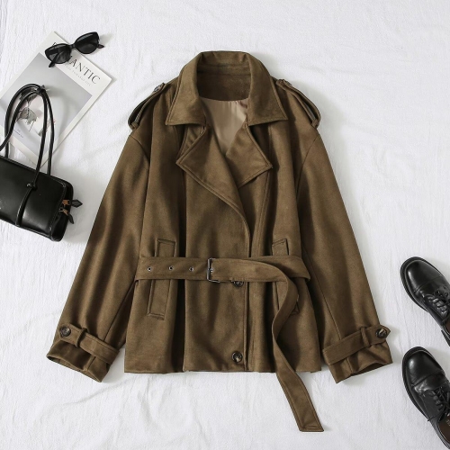 Women's Faux Suede Trench Coat Double Breasted Belted Lapel Autumn Jacket Commuter British Style Solid Color Fashion Windbreaker Outerwear