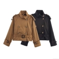 Women's Double-Breasted Short Trench Coat With Belt Shoulder Straps Autumn Casual Solid Color Polyester Jacket Outerwear For Women Daily Fashion