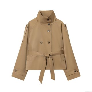 Women Short Trench Coat Double Breasted Slim Fit Waist Tie Windbreaker British Style Autumn Outwear Jacket With Belt