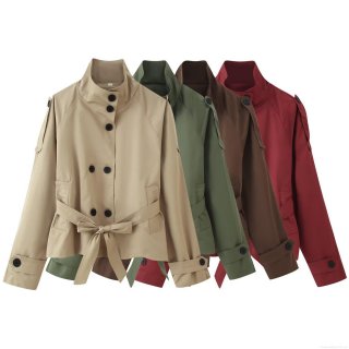 Women's Short Double-Breasted Trench Coat With Belt Casual Loose Windproof Jacket For Autumn British Style Fashion Lady Outerwear