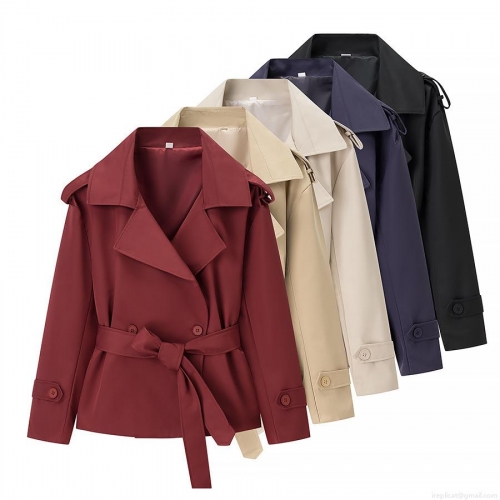Women's Short Trench Coat Belted Polyester Spandex Windbreaker Jacket Double Breasted Lapel Outerwear For Office Daily Chic British Style