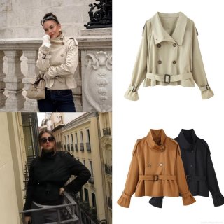 Women's Short Trench Coat Double Breasted Lapel Jacket With Belt Solid Color Polyester Fashion Casual Windproof Outwear For Spring Autumn