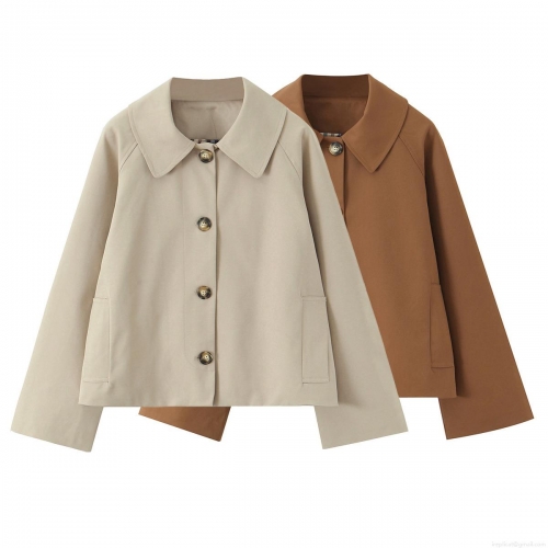 Women Casual Short Trench Coat Single Breasted Lapel Cotton Blend Jacket With Checkered Lining Long Sleeve Windbreaker Outerwear For Women