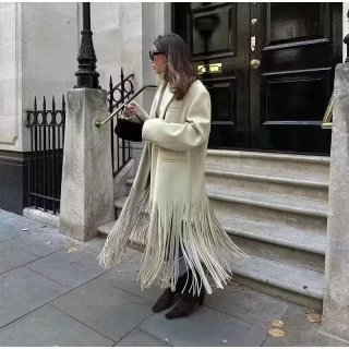 Women's Elegant Long Fringe Trench Coat Apricot Tassel Woolen Feel Loose Overcoat Autumn Winter Fashion Streetwear Long Sleeve Outwear