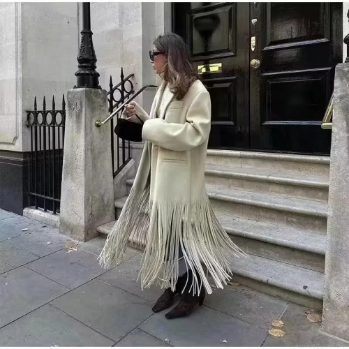 Women's Elegant Long Fringe Trench Coat Apricot Tassel Woolen Feel Loose Overcoat Autumn Winter Fashion Streetwear Long Sleeve Outwear