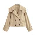 Women's Short Trench Coat 100% Polyester Double Breasted Hooded Jacket Classic Lapel Windbreaker For Casual Office Lady Spring Autumn