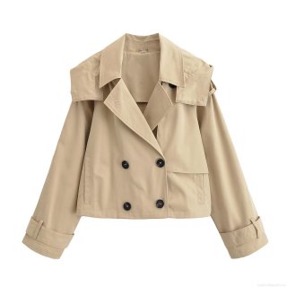 Women's Short Trench Coat 100% Polyester Double Breasted Hooded Jacket Classic Lapel Windbreaker For Casual Office Lady Spring Autumn