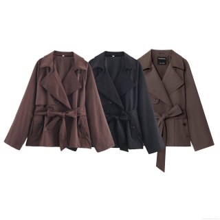 Women Fashion Short Trench Coat Double Breasted Lapel Windproof Jacket With Waist Belt Solid Color Casual Long Sleeve Outerwear For Women Spring Autumn