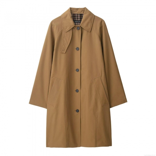 Women's Elegant Camel Long Trench Coat Polyester Suede Blend With Checkered Lining Single Breasted Lapel Collar British Style Casual Windbreaker Overcoat