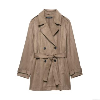 Women Fashion Suede Trench Coat Double Breasted Mid-Long Windbreaker With Belt Elegant Casual Autumn Winter Outerwear Jacket For Ladies