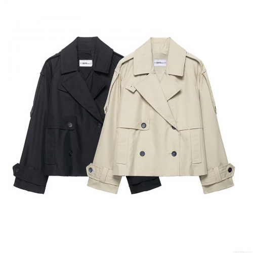 Women's Short Trench Coat 100% Polyester Water Repellent Double Breasted Jacket With Shoulder Straps British Style Elegant Windbreaker For Spring Autumn Women