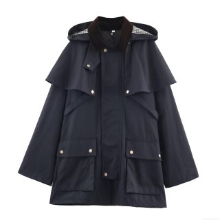 Women's Hooded Trench Coat Polyester Blend With Corduroy Collar Plaid Lining Multi Pockets Casual Outdoor Vintage Workwear Jacket Top