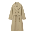 Women's Classic Khaki Long Trench Coat Double-Breasted Cotton Blend Overcoat With Adjustable Belt Elegant Commuter Windbreaker For Ladies