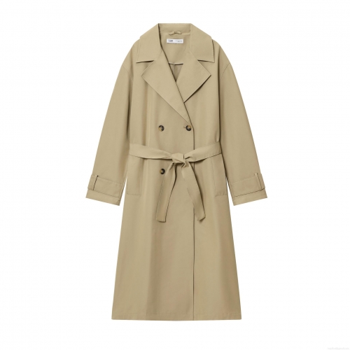 Women's Classic Khaki Long Trench Coat Double-Breasted Cotton Blend Overcoat With Adjustable Belt Elegant Commuter Windbreaker For Ladies