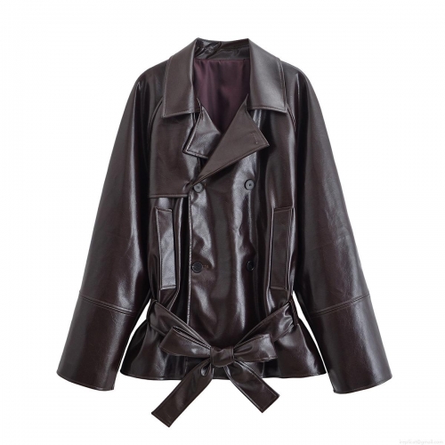 Women's Chic Double Breasted PU Leather Trench Coat With Belt Shiny Surface Lapel Long Sleeve Mid-Length Windproof Fashion Elegant Slim Fit Jacket