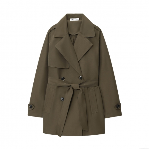 Women's Short Double-Breasted Trench Coat Water-Resistant Windproof Autumn Jacket With Belt Lapel Collar Olive Green Casual Elegant Outerwear For Women
