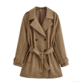Women's Elegant Suede Mid-Long Trench Coat Double-Breasted Belted Jacket Autumn Windproof Solid Color Overcoat For Ladies Outdoor Daily Wear