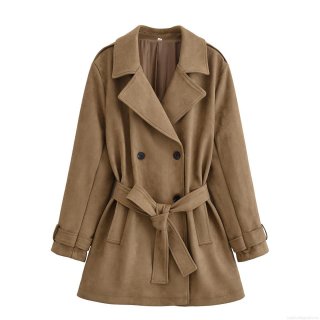 Women's Elegant Suede Mid-Long Trench Coat Double-Breasted Belted Jacket Autumn Windproof Solid Color Overcoat For Ladies Outdoor Daily Wear