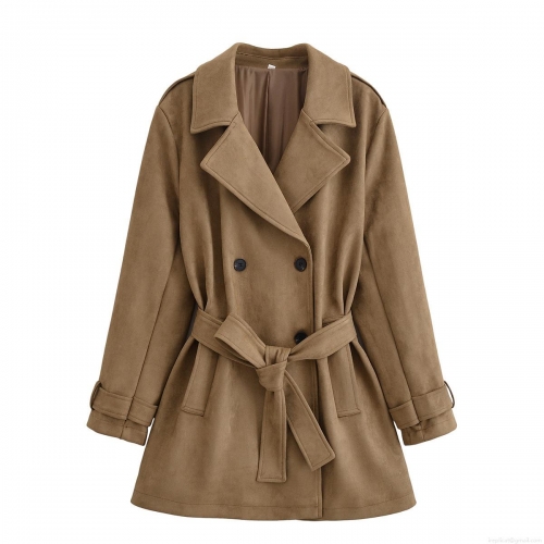 Women's Elegant Suede Mid-Long Trench Coat Double-Breasted Belted Jacket Autumn Windproof Solid Color Overcoat For Ladies Outdoor Daily Wear
