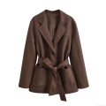 Women's Faux Suede Trench Coat Lapel Tie Waist Mid-Length Overcoat Elegant Solid Color Long Sleeve Jacket For Autumn Spring Women Outerwear