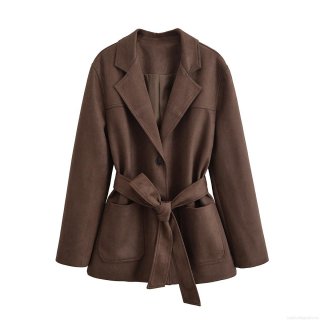 Women's Faux Suede Trench Coat Lapel Tie Waist Mid-Length Overcoat Elegant Solid Color Long Sleeve Jacket For Autumn Spring Women Outerwear