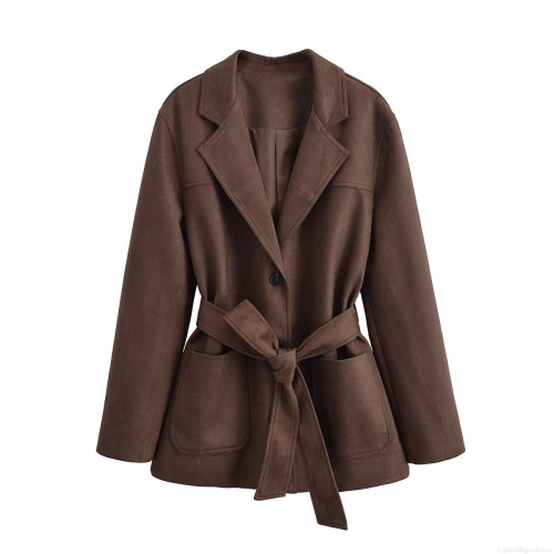 Women's Faux Suede Trench Coat Lapel Tie Waist Mid-Length Overcoat Elegant Solid Color Long Sleeve Jacket For Autumn Spring Women Outerwear