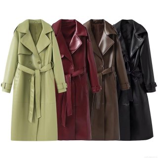 Women Chic Long PU Leather Trench Coat Double Breasted Solid Color Windbreaker With Waist Belt Lapel Jacket For Autumn Winter Commuting Travel
