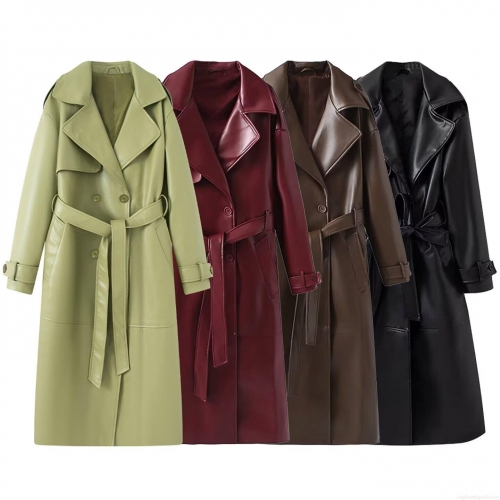 Women Chic Long PU Leather Trench Coat Double Breasted Solid Color Windbreaker With Waist Belt Lapel Jacket For Autumn Winter Commuting Travel