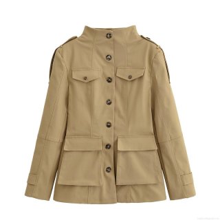 Women's Elegant Khaki Military Utility Trench Coat 100% Polyester Stand Collar Long Sleeve Jacket With Flap Pockets And Epaulets Casual Spring Autumn Outerwear For Women