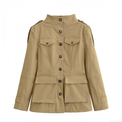 Women's Elegant Khaki Military Utility Trench Coat 100% Polyester Stand Collar Long Sleeve Jacket With Flap Pockets And Epaulets Casual Spring Autumn Outerwear For Women