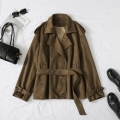 Women's Faux Suede Trench Coat Short Polyester Windbreaker Jacket With Belt Retro Lapel Long Sleeve Outerwear For Casual Daily Lady Elegant Style