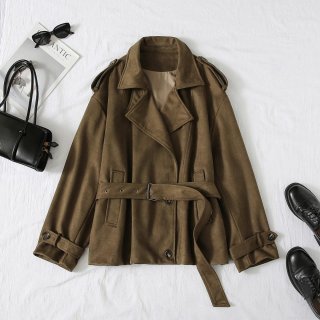 Women's Faux Suede Trench Coat Short Polyester Windbreaker Jacket With Belt Retro Lapel Long Sleeve Outerwear For Casual Daily Lady Elegant Style
