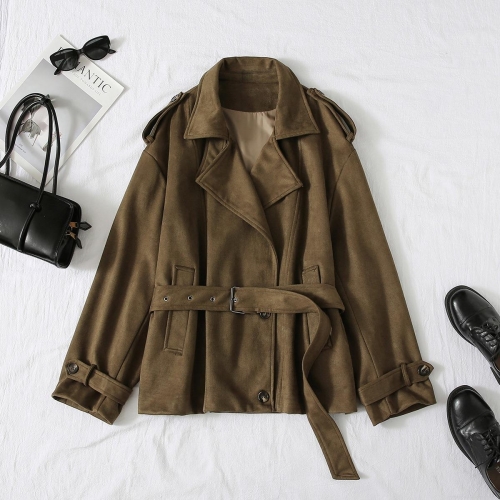 Women's Faux Suede Trench Coat Short Polyester Windbreaker Jacket With Belt Retro Lapel Long Sleeve Outerwear For Casual Daily Lady Elegant Style