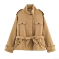 Women's Short Khaki Trench Coat Jacket 100% Polyester Windproof Fall Outerwear With Waist Belt And Epaulets Casual Workwear Style