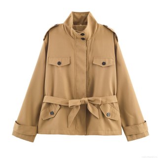 Women's Short Khaki Trench Coat Jacket 100% Polyester Windproof Fall Outerwear With Waist Belt And Epaulets Casual Workwear Style