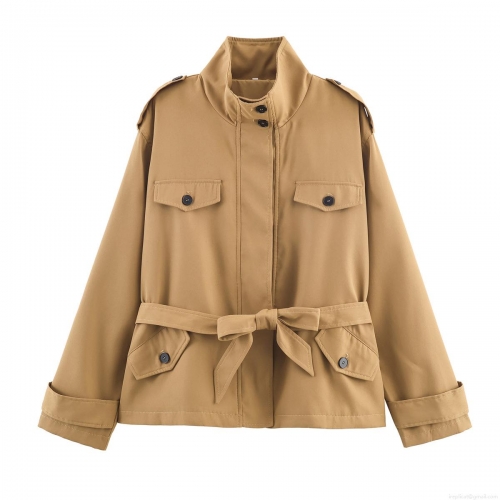 Women's Short Khaki Trench Coat Jacket 100% Polyester Windproof Fall Outerwear With Waist Belt And Epaulets Casual Workwear Style