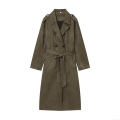 Women's Faux Suede Long Trench Coat Double Breasted Belted Jacket Windbreaker Elegant Autumn Winter Solid Color Lapel Outerwear