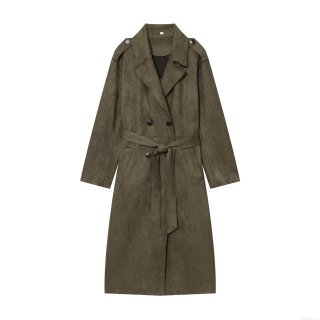 Women's Faux Suede Long Trench Coat Double Breasted Belted Jacket Windbreaker Elegant Autumn Winter Solid Color Lapel Outerwear