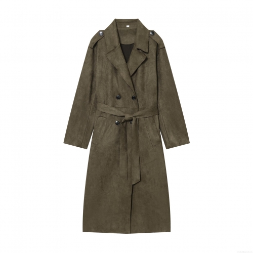 Women's Faux Suede Long Trench Coat Double Breasted Belted Jacket Windbreaker Elegant Autumn Winter Solid Color Lapel Outerwear