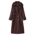 Women's Long Trench Coat Faux Suede Double Breasted Belted Jacket Lapel Long Sleeve Overcoat Streetwear Autumn Winter Outwear