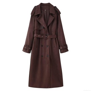 Women's Long Trench Coat Faux Suede Double Breasted Belted Jacket Lapel Long Sleeve Overcoat Streetwear Autumn Winter Outwear