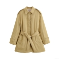 Women's Mid-Length Khaki Trench Coat With Belt Classic Lapel Epaulettes Windproof Polyester Outerwear For Autumn Casual Fashion Ladies