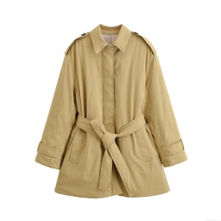 Women's Mid-Length Khaki Trench Coat With Belt Classic Lapel Epaulettes Windproof Polyester Outerwear For Autumn Casual Fashion Ladies