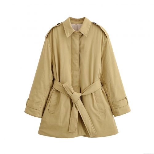 Women's Mid-Length Khaki Trench Coat With Belt Classic Lapel Epaulettes Windproof Polyester Outerwear For Autumn Casual Fashion Ladies
