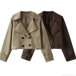 Women's Short Trench Coat Polyester Cotton Blend Double Breasted Lapel Crop Jacket Khaki Dark Brown Windbreaker Outerwear Casual Fashion For Lady