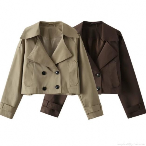 Women's Short Trench Coat Polyester Cotton Blend Double Breasted Lapel Crop Jacket Khaki Dark Brown Windbreaker Outerwear Casual Fashion For Lady
