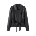Women's Faux Leather Short Trench Coat Jacket With Belt Lapel Double Breasted Long Sleeve PU Outwear Streetwear Casual Windproof Solid Color Black