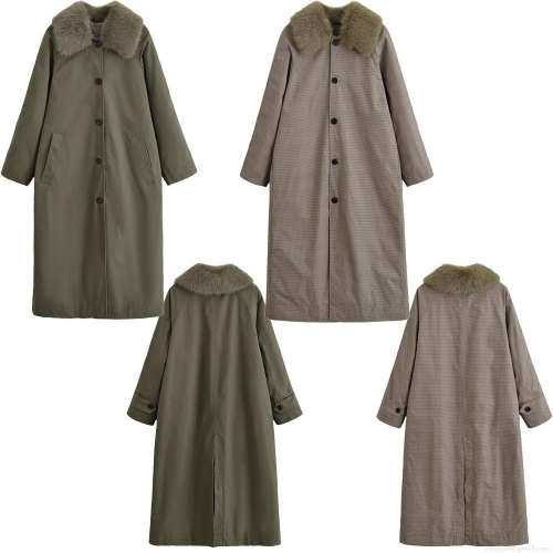 Women's Extra Long Trench Coat With Detachable Faux Fur Collar Reversible Plaid Suede Polyester Windbreaker Elegant Casual Winter Overcoat For Women